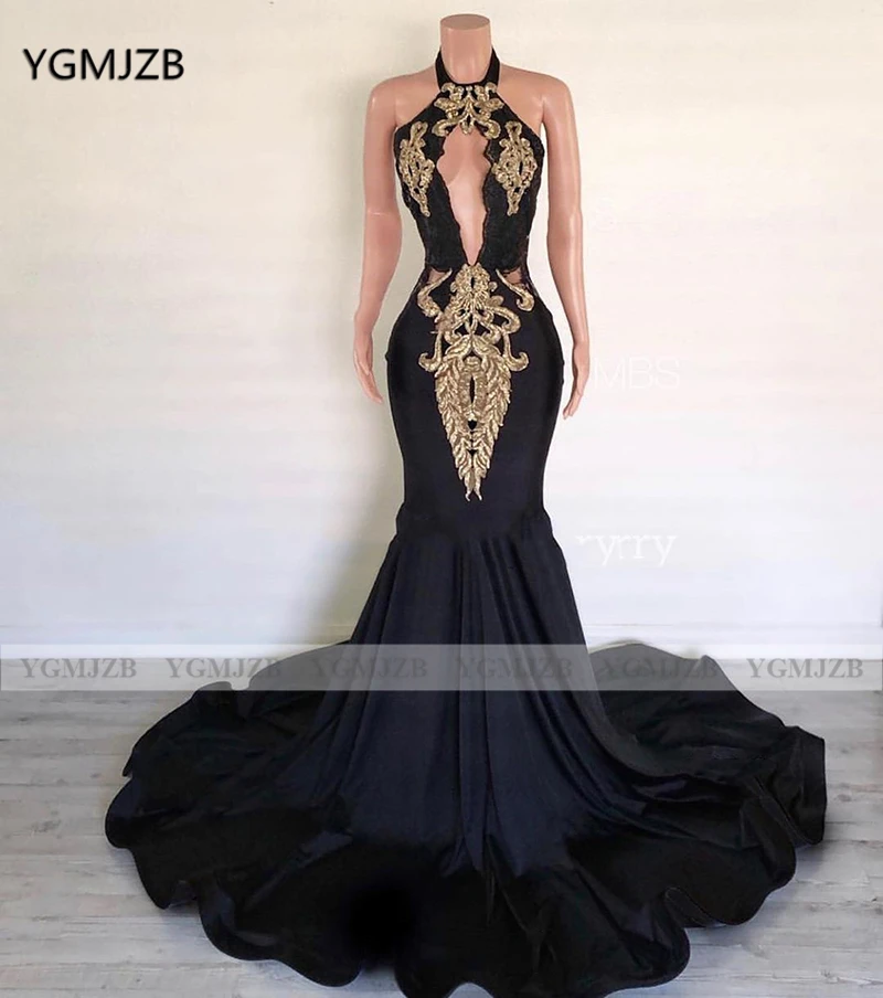 Bakcless Mermaid Black Prom Dress 2020 Gouden Kant Halter Mouwloze Sexy Vrouwen Formele Prom Gown Party Dress Avondjurken