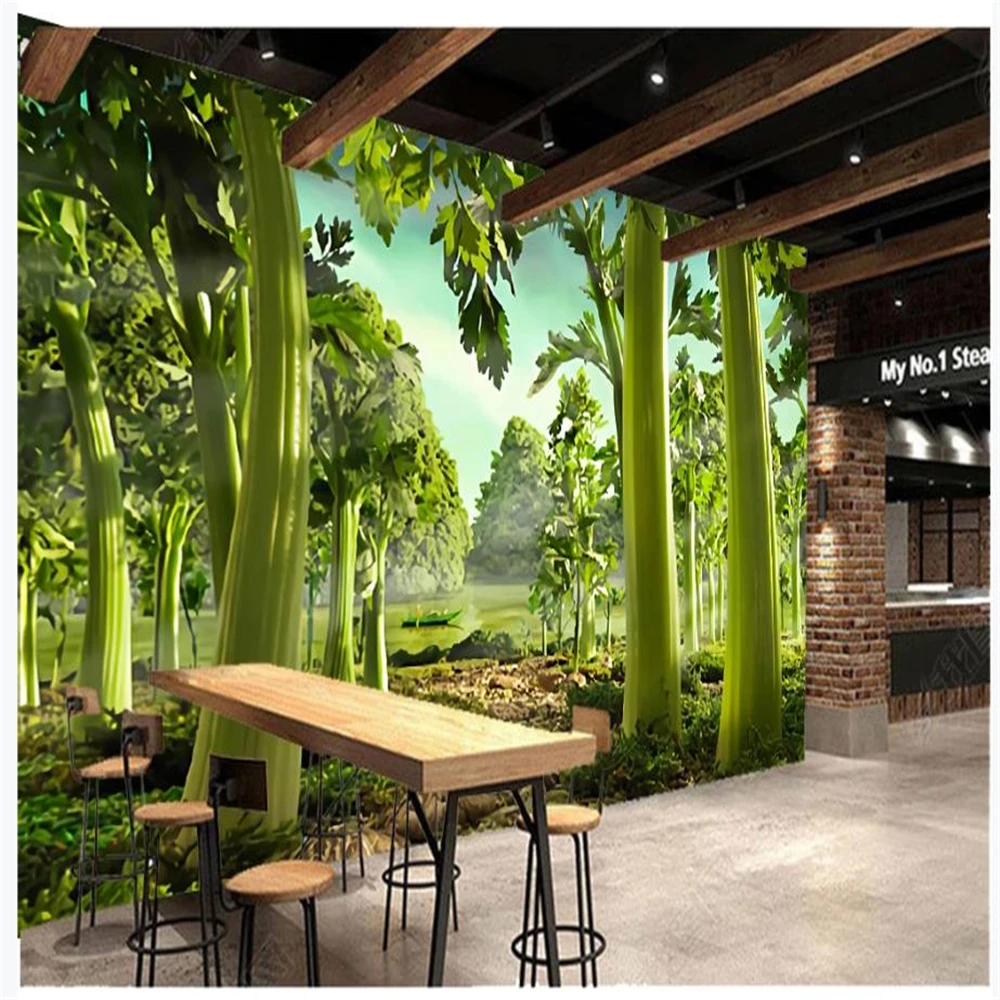 3d wallpapers Hand painted green forest restaurant wallpapers supermarket fruit shop background wall