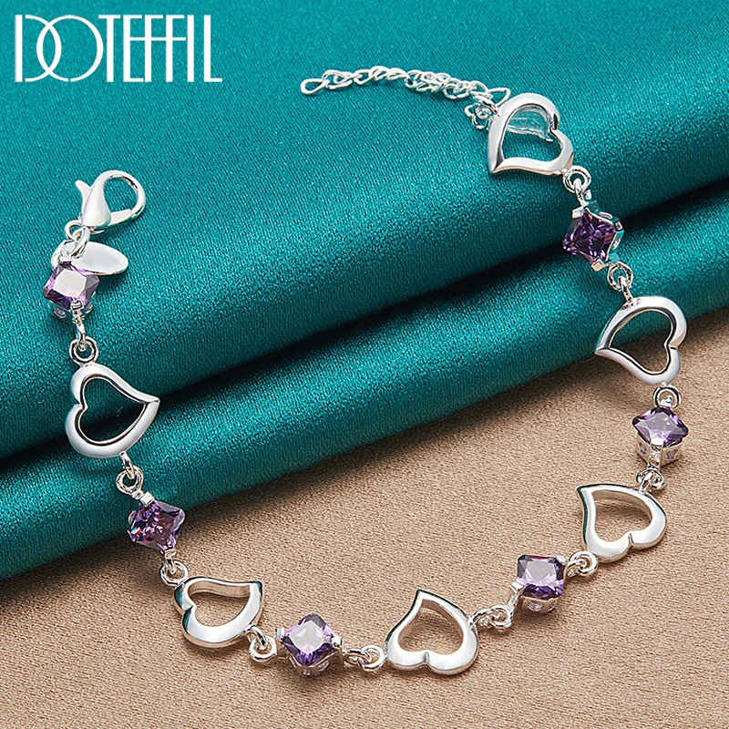 

DOTEFFIL 925 Sterling Silver 18K Gold Heart Purple AAA Zircon Bracelet For Women Jewelry Engagement Party Christmas Gift