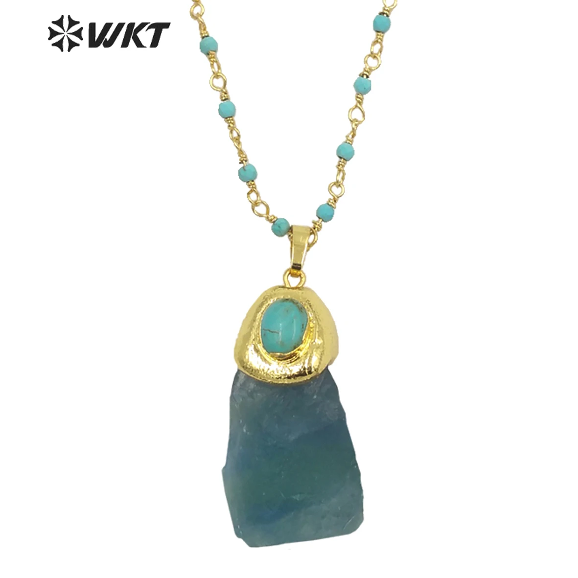 WT-N1288 Amazing Handmade Green Turquoises Rosary Beads Chain Blue Fluorite Pendant Necklace In Gold With Irregular Stone Shape