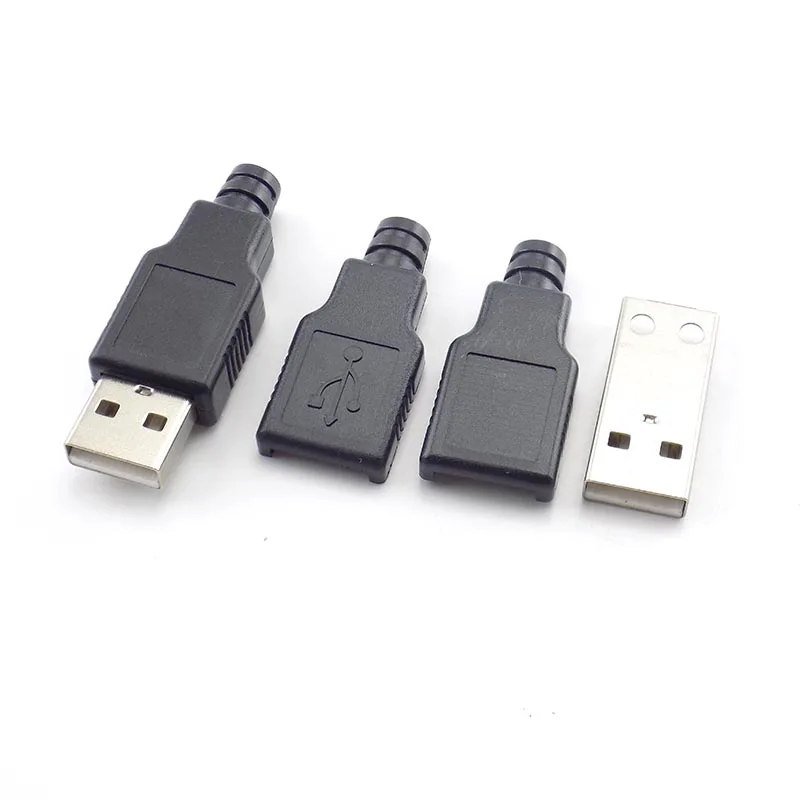 Conectores USB tipo A macho, enchufe de 4 pines con cubierta de plástico negro, soldadura 2,0, conector USB DIY 5V 1.5A-2A, 10 Uds.