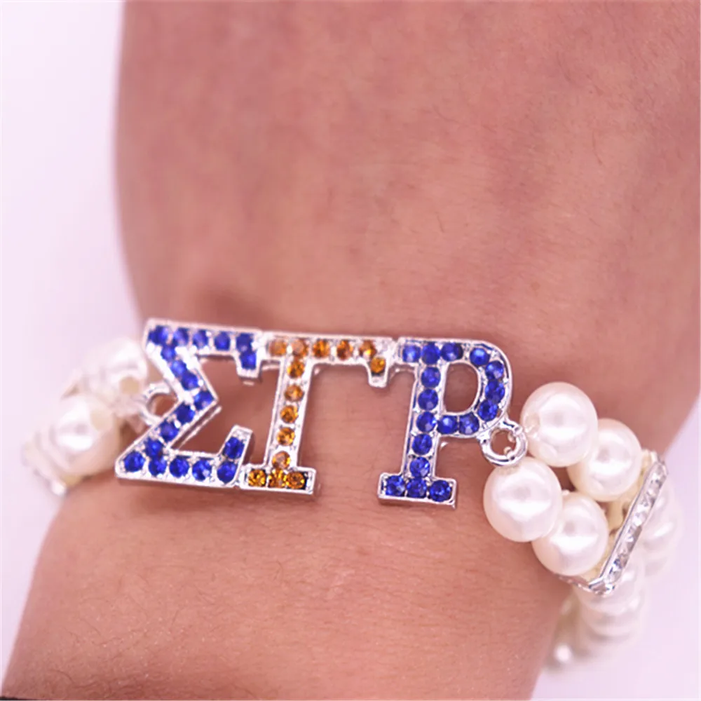 Handmade Two Layers Elastic Pearl Greek Letter SGRHO Symbol Sigma Gamma Rho Bracelet Bangles For Gifts