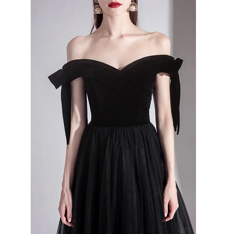 

Charming Black Boat Neck Party Wear Dresses For Women Bow Sleeves Prom Gowns Lace Up Back Robe De Soriee Vestido elegante