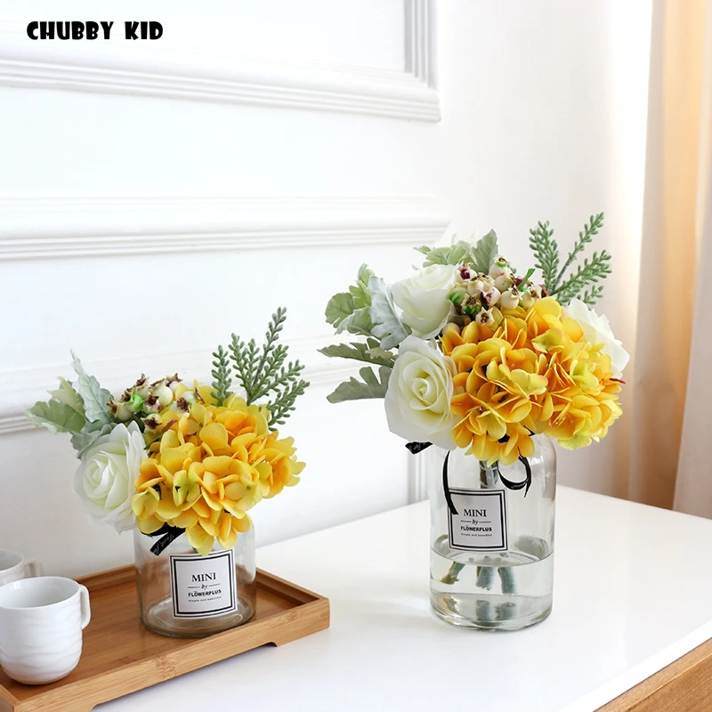 

Nice ! artificial rose Hydrangea Floral fake flower arrangements silk flower with glass vase suit yellow Table flower