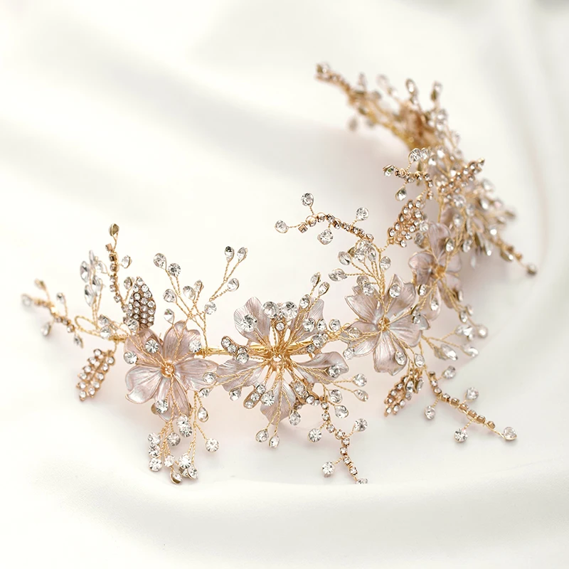 Wedding Headband Gold crystal Flower Tiara Handmade Bride Headdress  Leaf Hair Jewelry Princess Headband Bride Hair Accessories