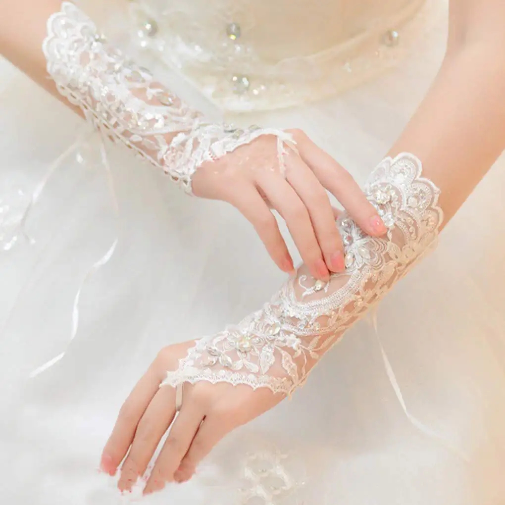 Guantes de encaje de boda para mujer, puños de muñeca de lentejuelas de cristal de tul sin dedos, dedo de Gancho Blanco