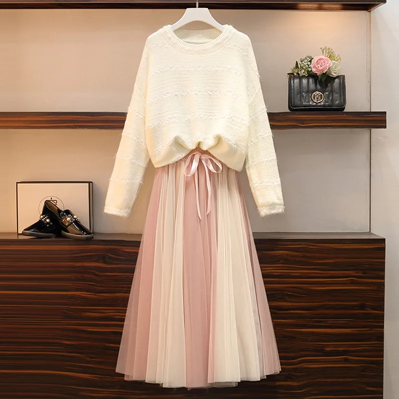 

Winter Women Elegant Suit Loose Knit Sweater Tops And Midi Mesh Skirt Matching Outfits Large Plus Size Two Piece Set Tracksuit