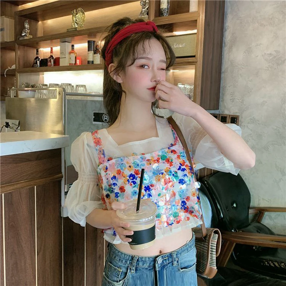 Phụ Nữ 2 Cái Bộ Voan Voan Puff Áo Crop Top Chấm Bi Bling Kim Sa Lấp Lánh Thời Trang Dạo Phố Bông Tai Kẹp Phong Cách Hàn Quốc Sang Trọng Yếm