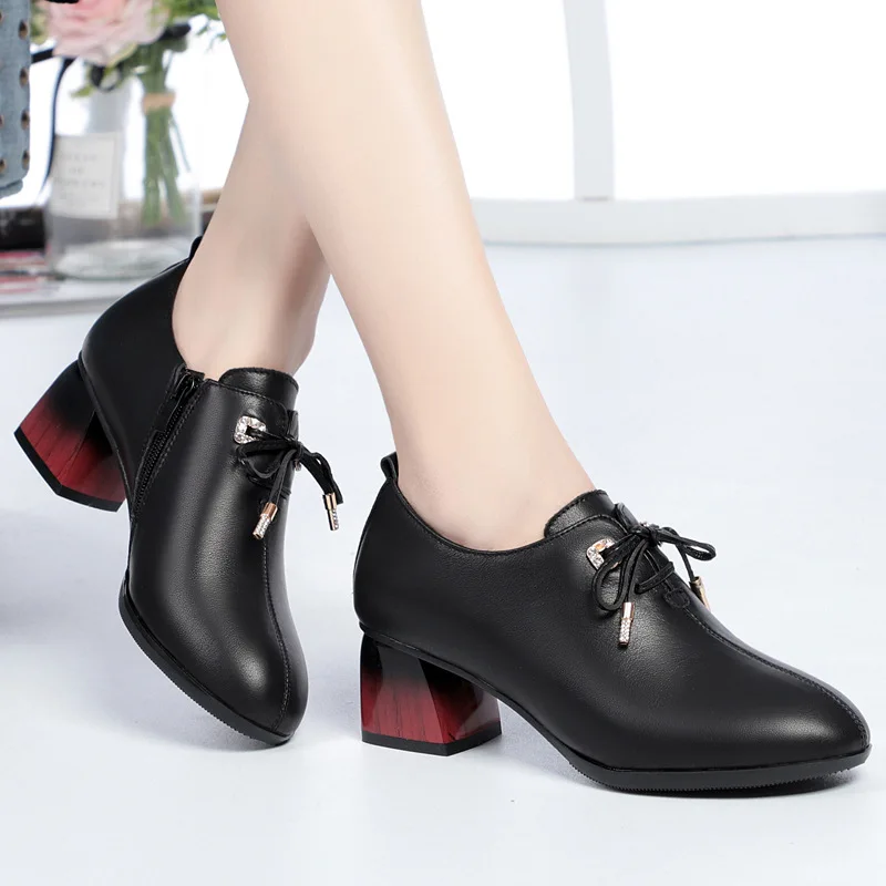 DRKANOL 2024 Fashion Women Thick Heel Shoes Genuine Leather Side Zipper Cross-tied Pumps Lady Shallow Rhinestone Casual Shoes