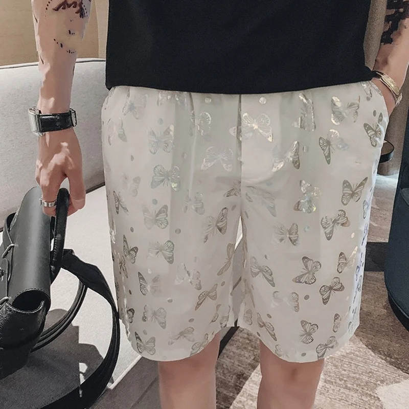 

New Summer Mens Casual Korean Style Loose Vintage Knee Length Shorts Printing Design Pockets Fashion Elastic Waist Shorts