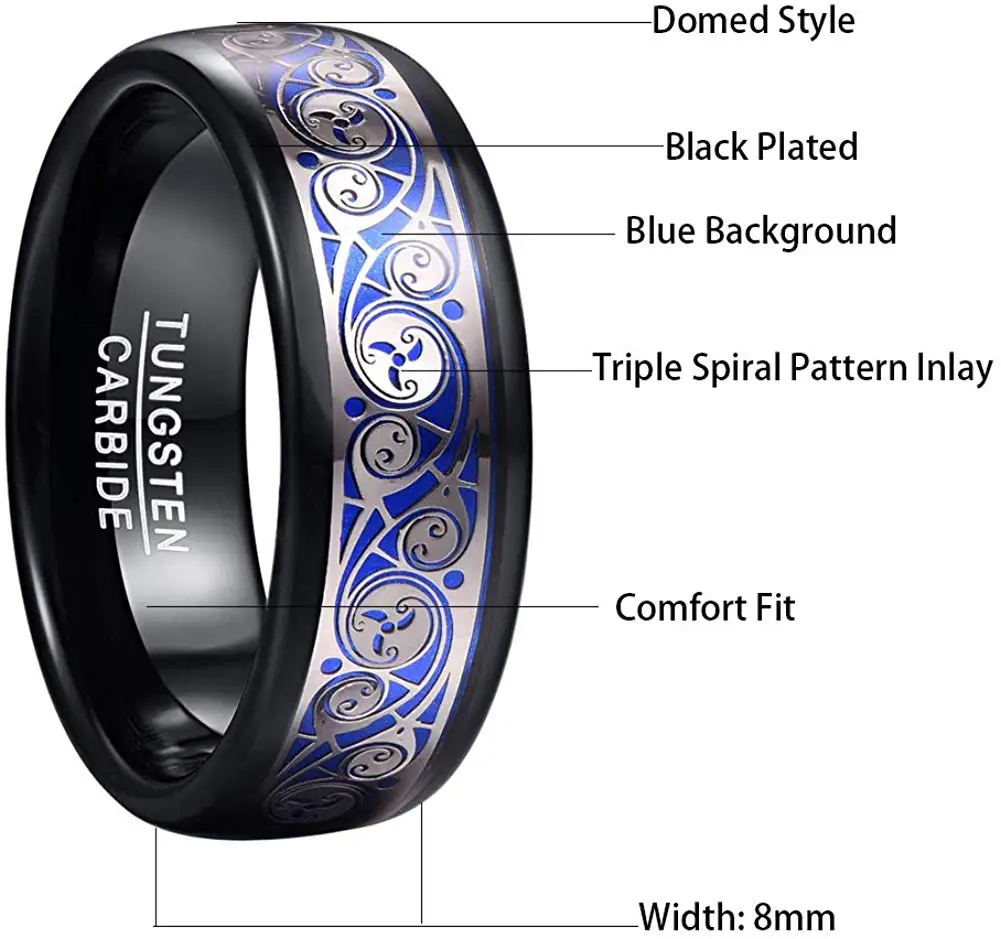 JQUEEN Men's 8mm Tungsten Carbide Ring with Blue Background Triple Spiral Pattern Inlaid Tungsten Ring Comfort Fit Size 7-12