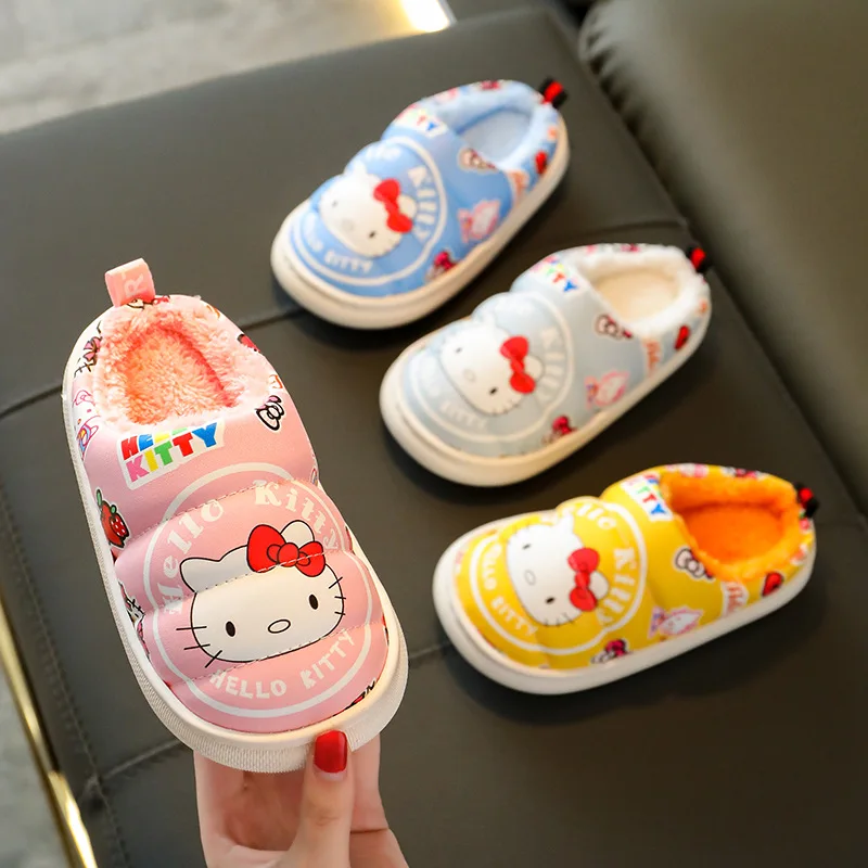 Hello Kitty Children\'s New Leather Waterproof Cotton Slippers For Girls And Boys Home Non-slip And Warm Cute Cartoon Plush Shoes