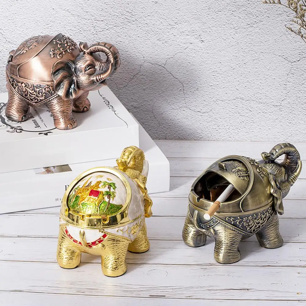 Elephant Shape  Retro Animal Windproof Ashtray Alloy Ash Container Semi-closed   for Living Room