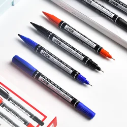 3PCS Deli 6824 Permanent Markers Dual Tip Pen 0.5mm/1mm Black Blue Red Water Proof Fast Dry Double Sided Permanent Marker