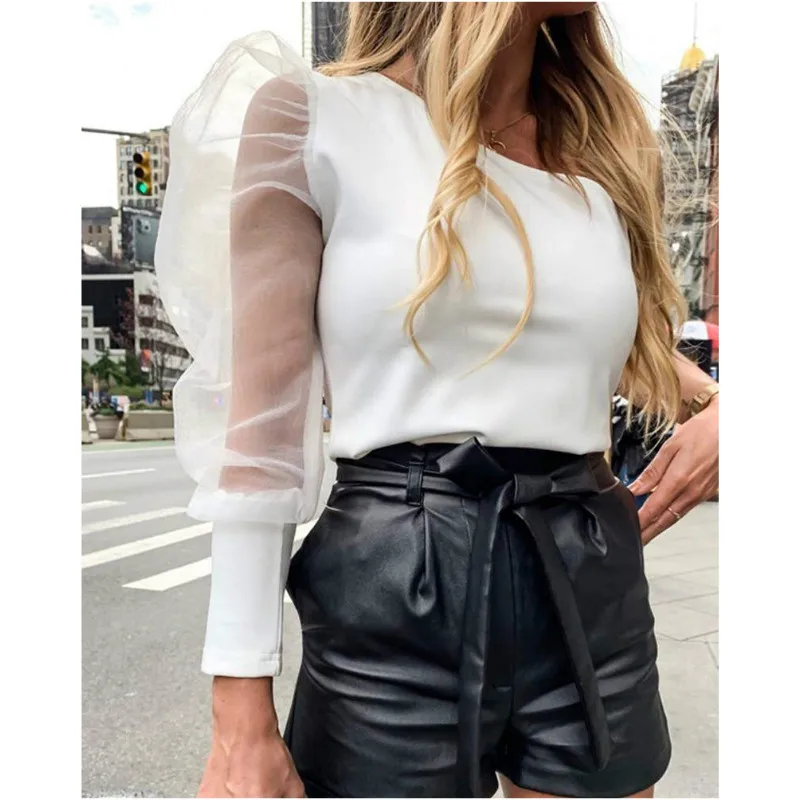 Fashion One Shoulder Skinny Bodysuit Summer Puff Sleeve Solid Bodysuits Blouse Top for women