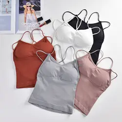 Women Crop Top Solid Color Tanks Top Female Seamless Underwear Cross-Back Wireless Camis Sleeveless Padded Camisole