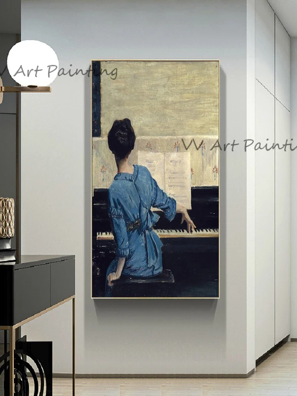 Vintage Piano Lady Graphic Canvas Painting, 100% Handpainted Retro Figure Contemporary Art, Modern Hallway Wall Decoration