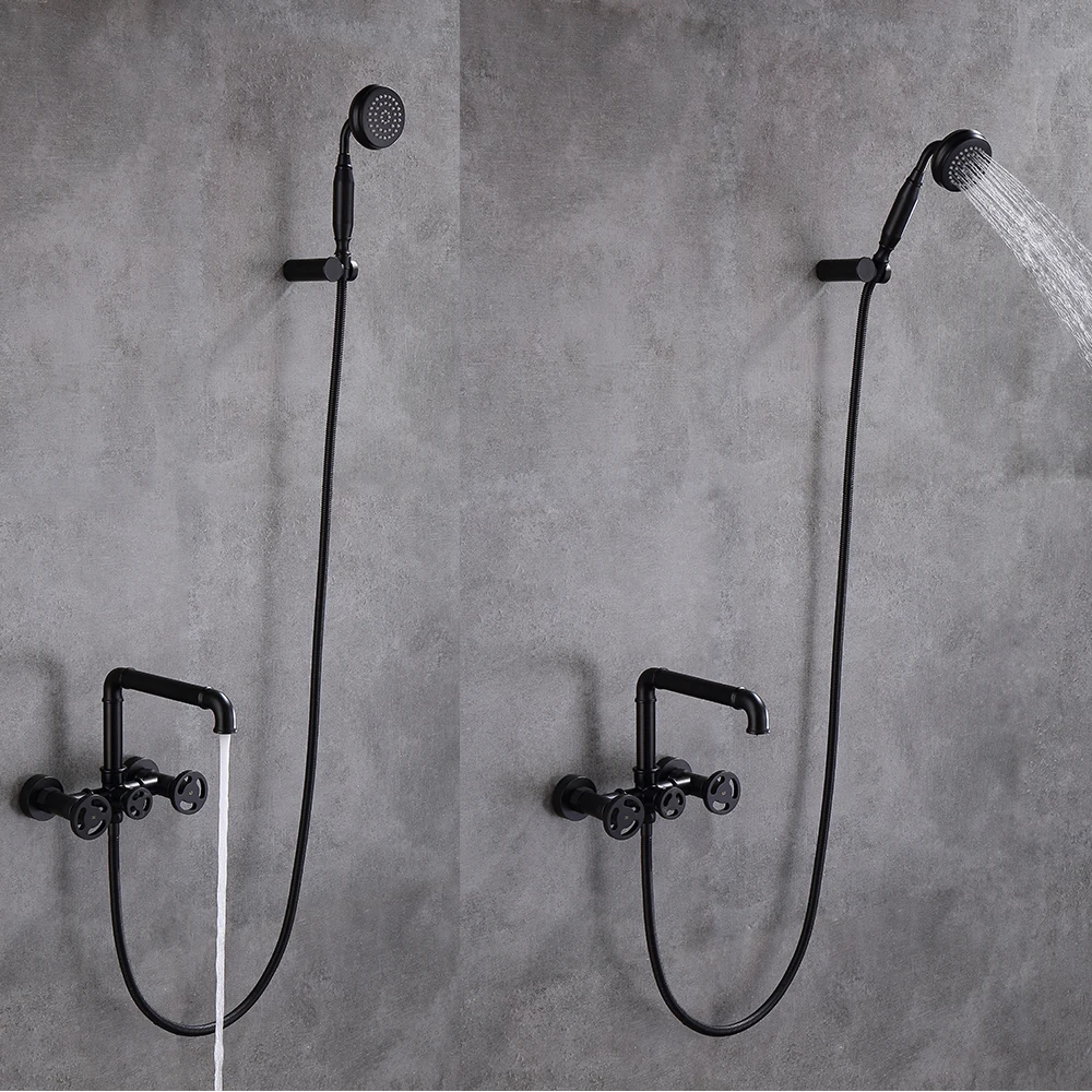 Imagem -04 - Banheira Torneira do Chuveiro Conjunto Moderno Industrial Ins Preto Banheiro Misturador do Chuveiro de Bronze Dupla Alça Fixado na Parede com Chuveiro Mão