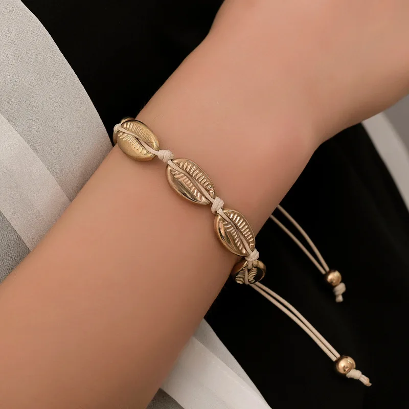 Adjustable Woven Knot Rope Beads Alloy Golden Silver-Plated White Beige Metal Shells Bracelets for Women