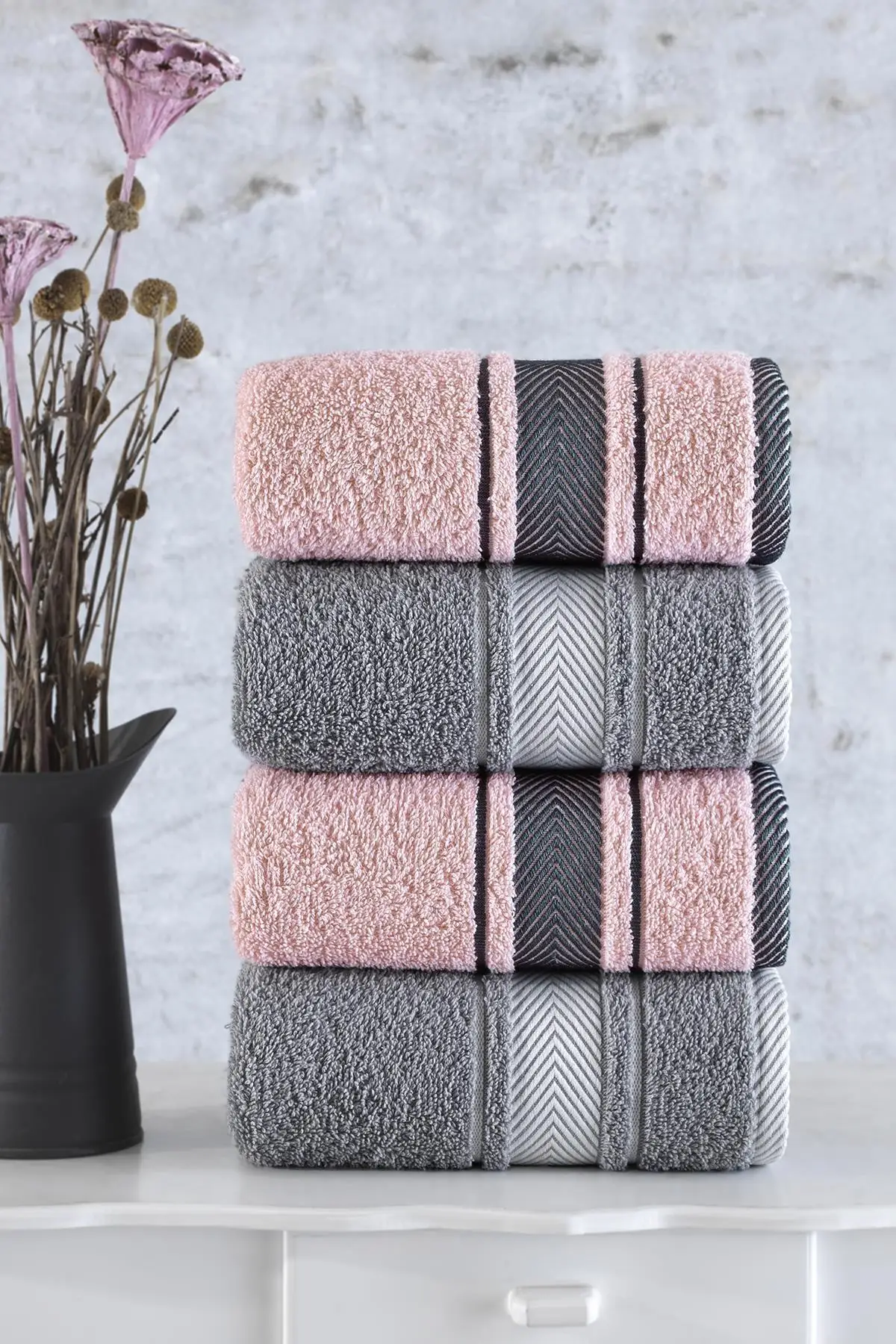 Turkish Pure %100 Cotton Super Absorbent Towel Set 4 Pcs 50x85 Cm Soft 2023 Pink And Grey - Home Textile
