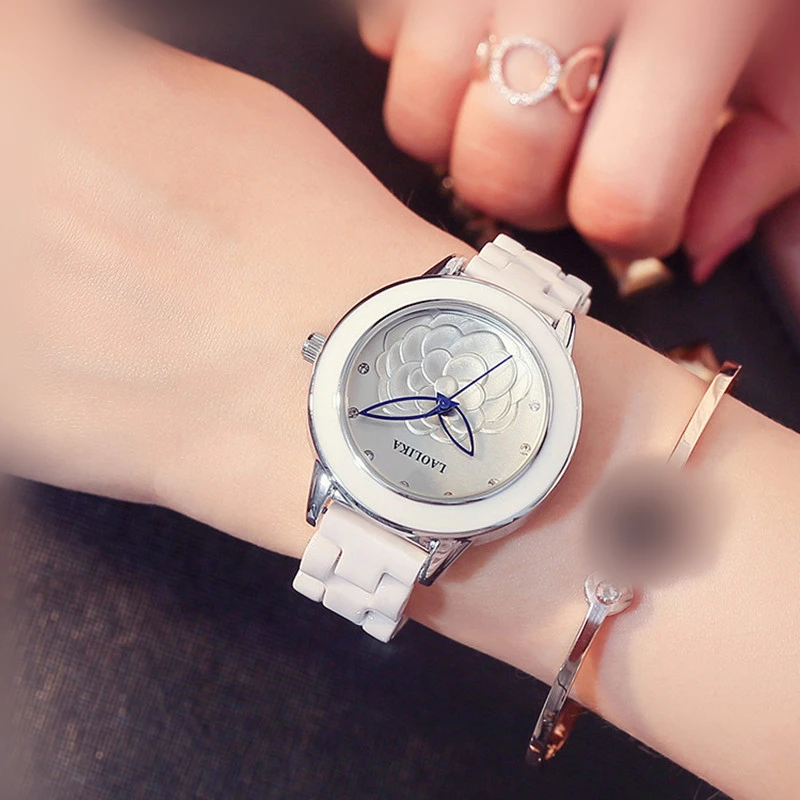 Bracelet Clasp Fashion & Casual Gift Quartz Watch Trend Ladies Ceramics Petal pattern Golden pointer Wrist Watches for Women