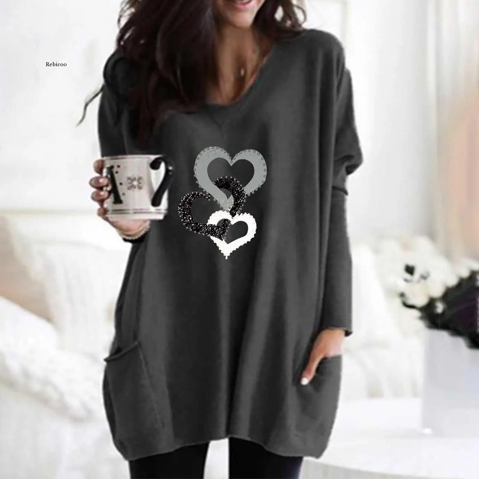 Hearts Printing Ladies Tshirts Fashion Pockets V-Neck Long Sleeves Tops Poleras Mujer De Moda Loose t Shirt Women