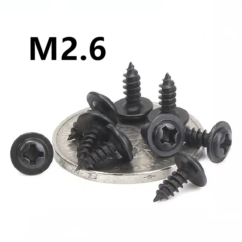 500PCS M2.6x5/6/8/10/12mm Round Head Carbon Steel PWA Screws Self-tapping Screws Black Padded