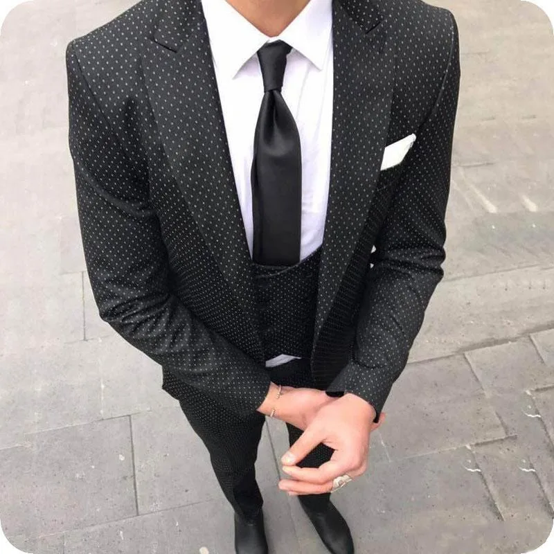 

New Arrival White Dots Black Suits for Men Wedding Groom Tuxedos Slim Fit Groomsmen Blazer Casual Terno Masculino 3 Pieces