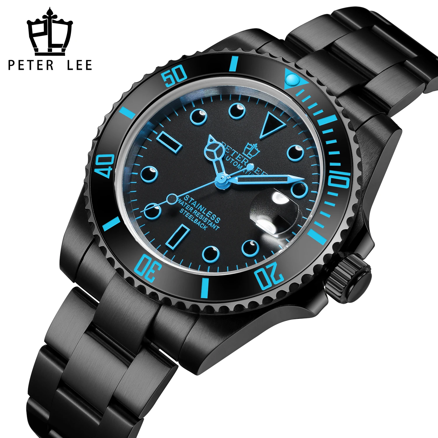 

Top Sale PETER LEE Luxury Automatic Watch Men Brand Auto Date Stainless Steel Ceramic Bezel Mechanical Watches Male Gifts