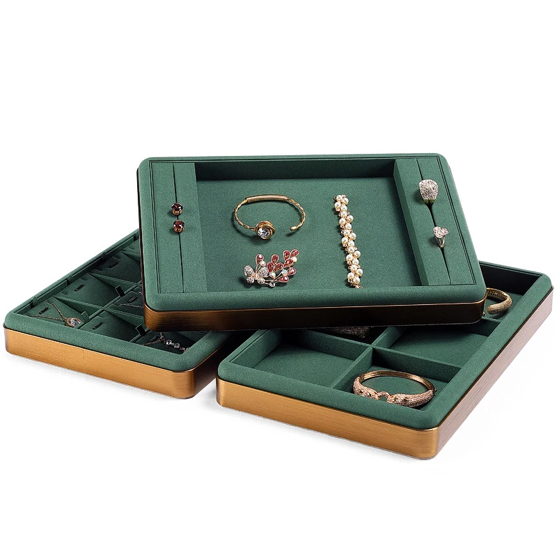 

Light luxury dark green microfiber jewelry see pallet ring necklace storage tray brushed jewelry display tray can be customized