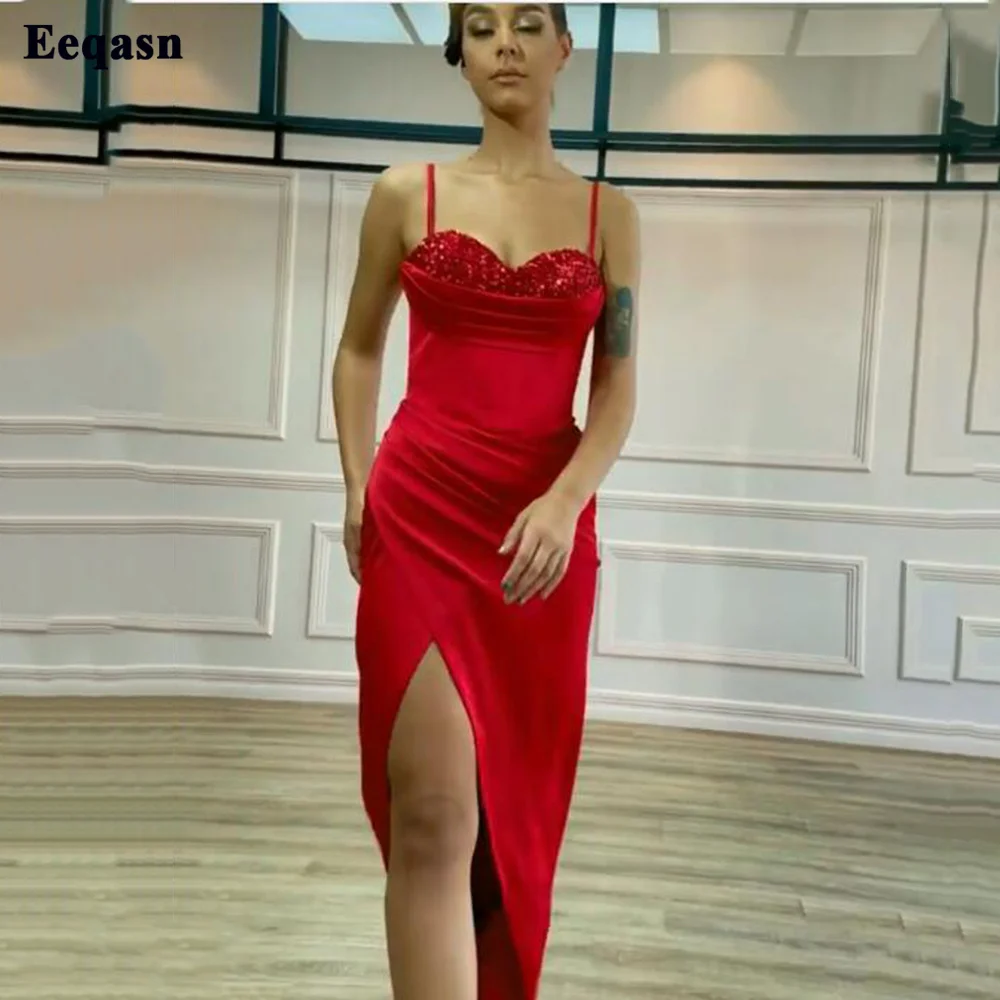 Eeqasn Red Mermaid Glitter Seuqines Prom Party Gowns Pleats Spaghetti Strap Women Evening Dress Corset Back Formal Occasion Gown