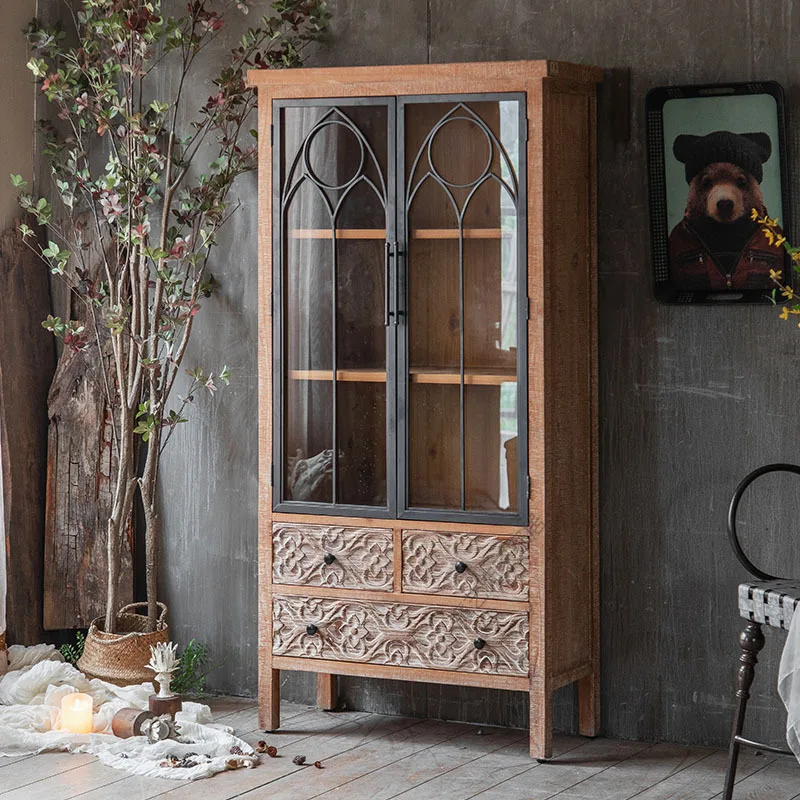 American Country Retro Sideboard Wine Cabinet Glass Door Restaurant Homestay Hotel Creative Design Decoration  High