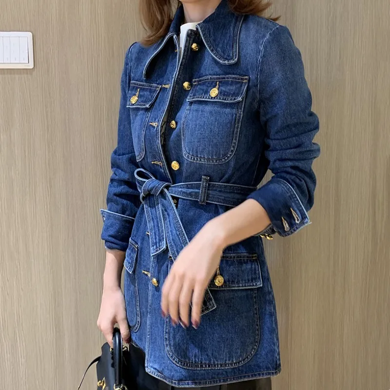 New Designer Multi-Pockets Cargo Long Coat Women Casual Single Breasted Denim Trench Sashes Office Lady Overcoat Windbreakers