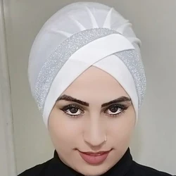 Fashion Muslim Women's Headscarf Bonnet Stretchy Under Hijab Caps Forehead Cross Female Glitter Turban Cap Islamic Head Wraps