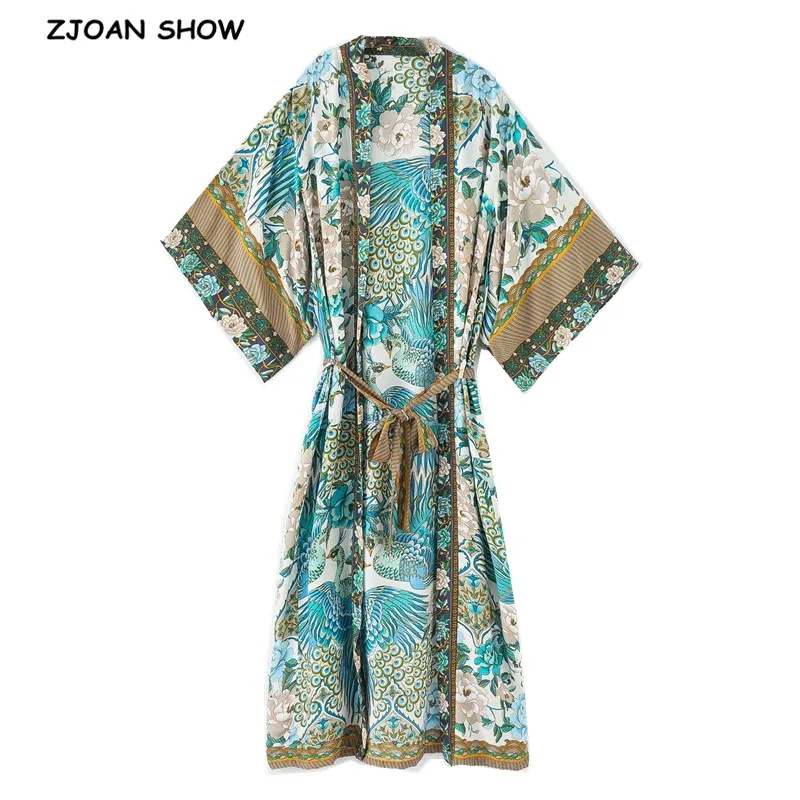 Bohemian V neck Peacock Flower Print Long Kimono Shirt Ethnic Lacing up With Sashes Long BOHO Cardigan Tie Bow Blouse Tops