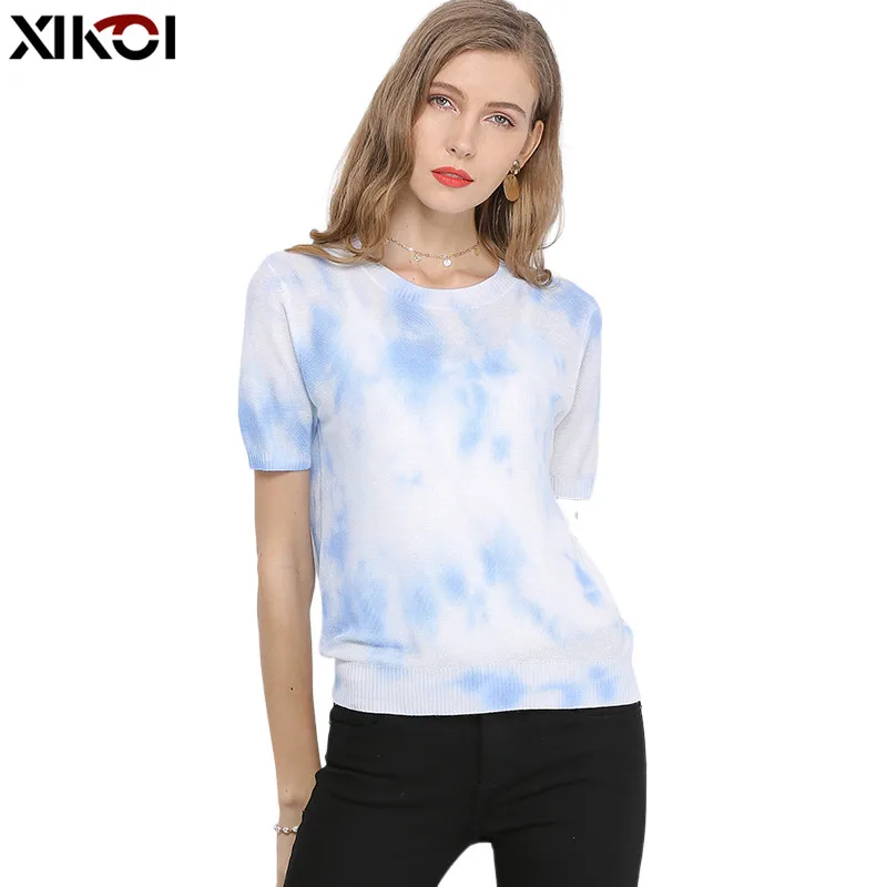 XIKOI Women's Summer Sweater O-neck Knitted Short Sleeve Oversized Vintage T-shirts  Knit Stretchy Pullovers Tees Top for Female