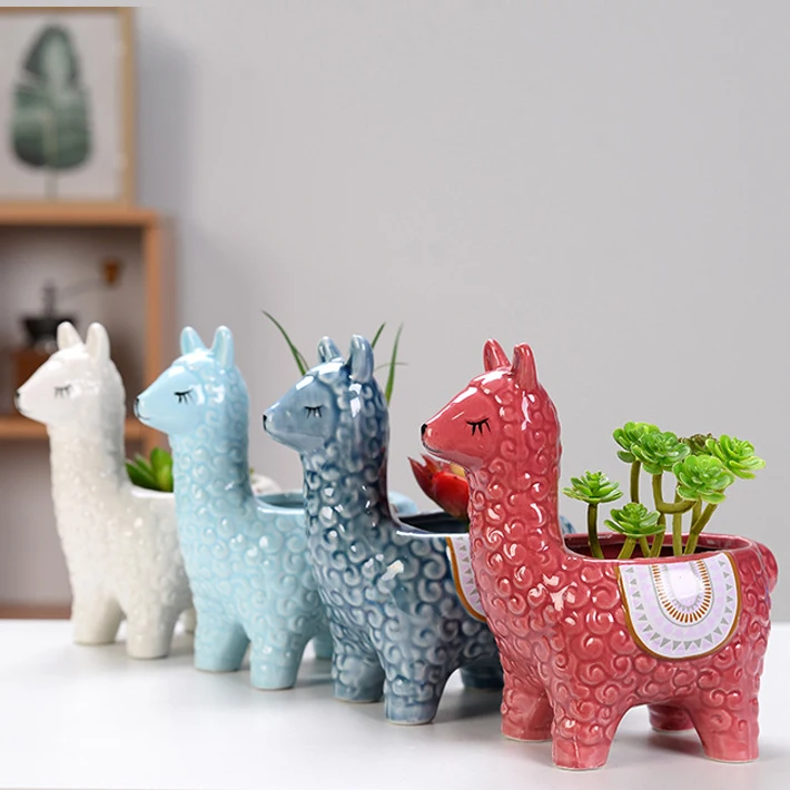 Cute Alpaca Flower Pot Planter Desktop Ornaments Indoor Ceramic Vase Home Garden Decoration Bonsai Succulent Pot Plant Pot