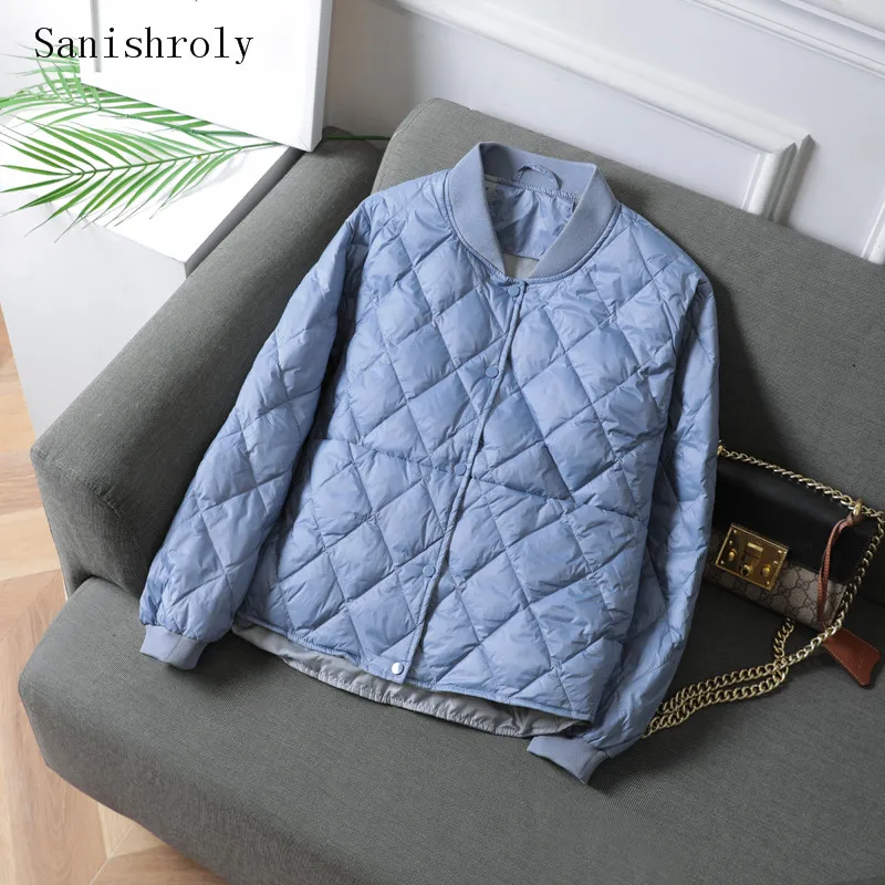 Sanishroly Women Ultra Light White Duck Down Jacket Lady O Neck Single-breasted Bomber Coat Casual Diamond lattice Short Parka