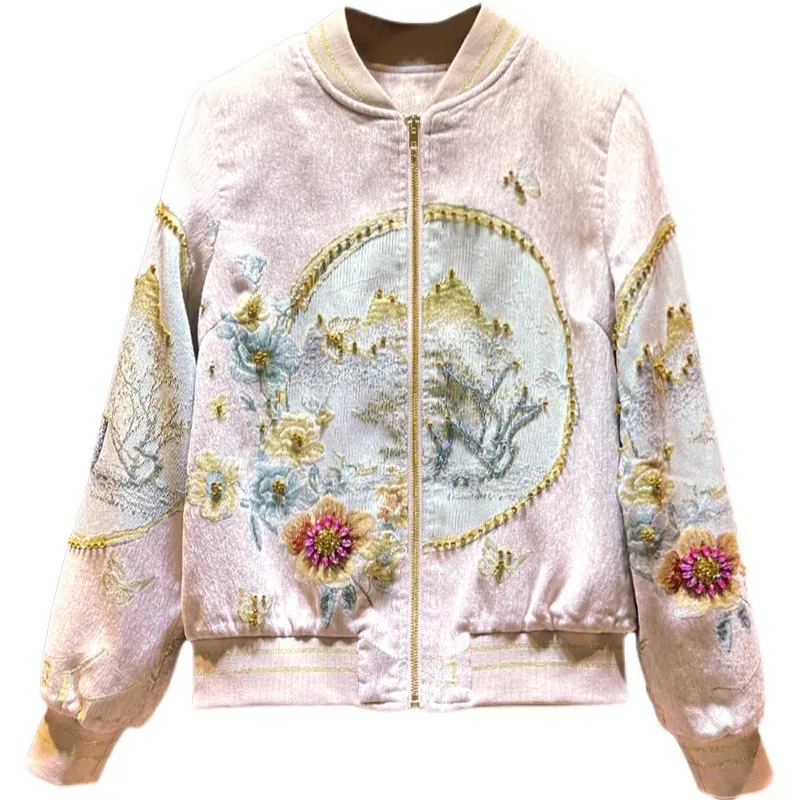 

Fashion Beading Bomber Jacket Women Spring Autumn Embroidery Full Sleeve Outerwear Streetwear Stand Collar Zipper Short Coat