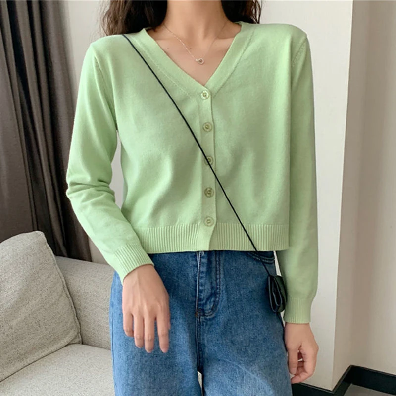 Spring Autumn Solid Color Cropped Sweater Korean Basic V-neck Student 9 Colors Cardigan Sweater Women All-match Long Sleeve Tops