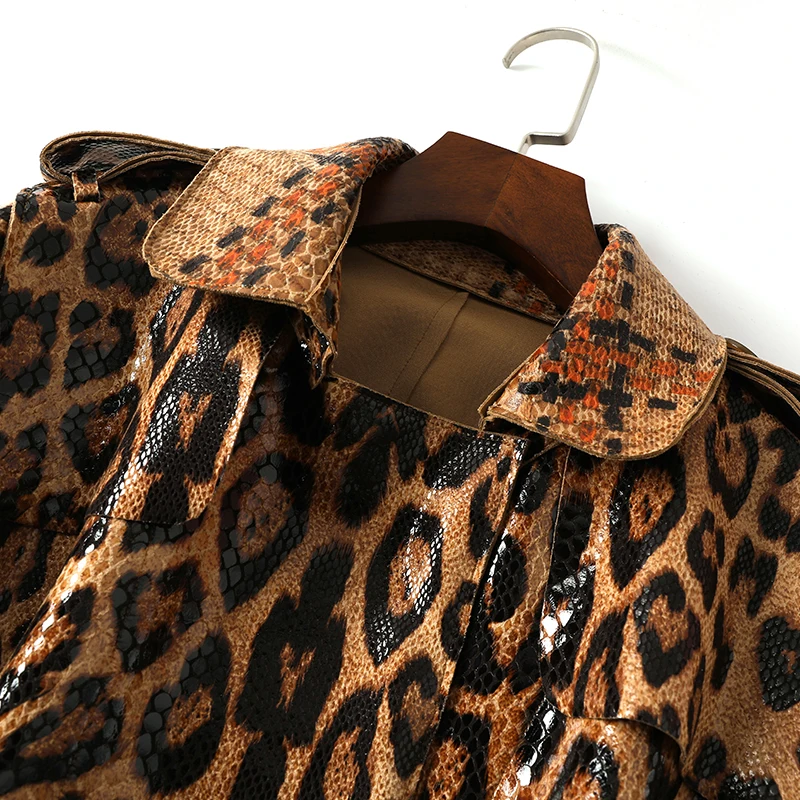 S-3XL High Quality Autumn And Winter New Fashion Snakeskin Leopard Pattern Belt Slim Long Sleeve Cardigan Woman Windbreaker Jack