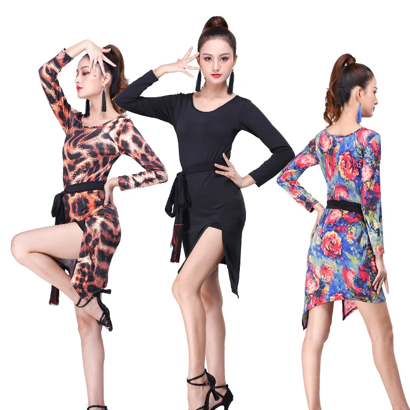 2020 New Leopard Sexy Latin Printing Dance Dress Women Stage Costumes Salsa V-neck Rumba/samba Salsa Perform Fitness Dancewear