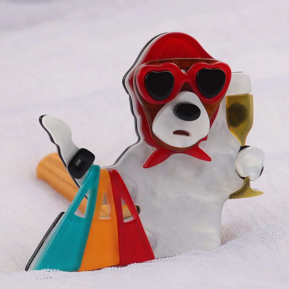 FishSheep Cute Shopping Dog Acrylic Brooches For Women Resin Cartoon Animals Brooches Pins Jewelry Coat Dress Accessories Gifts