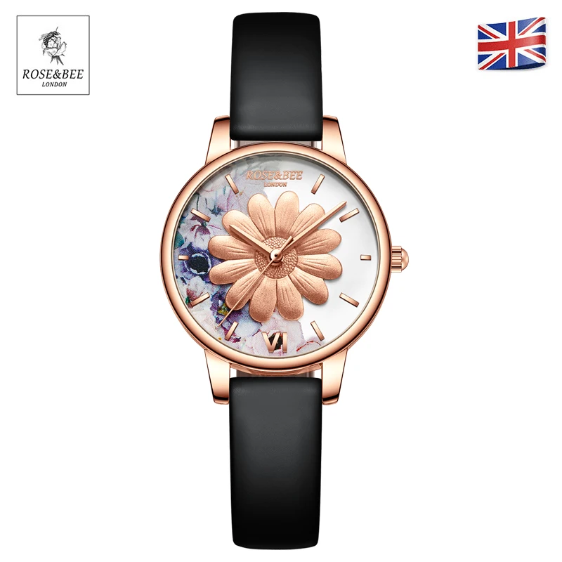 Chrysantheme Blumen Garten Mode Damen Armbanduhren Schwarz Leder Rose Gold Fall Japan Quarz Handgelenk Uhren für Frauen