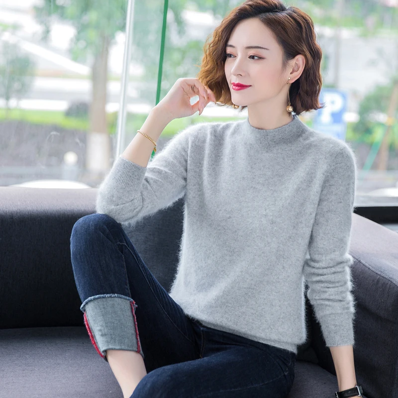 2021 New Autumn Winter High Neck 100%Pure Mink Sweater Women\' Wild Plus Size Pullover Knit Base Shirt Cashmere Sweater Thick Top