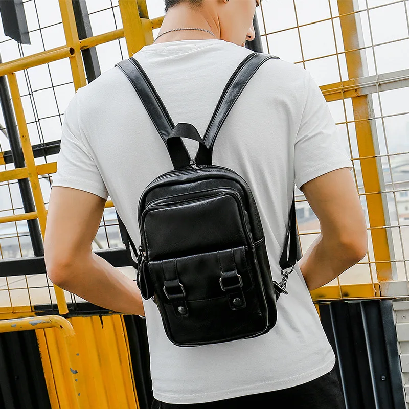 Multifunctional Korean Style Small Leather Backpack New Fashion School Bag Men\'s Trend Casual Simple One Shoulder Chest Bag