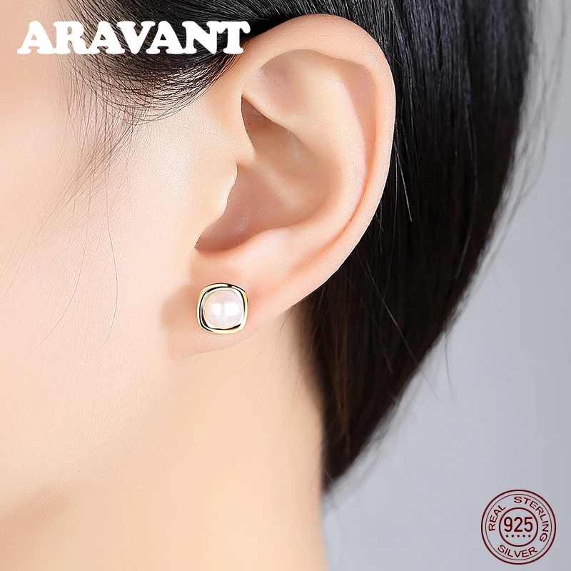 925 Silver 18K Gold 8MM Pearl Earring For Women Fashion Jewelry Gift