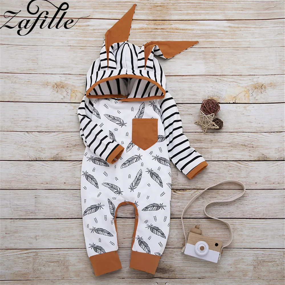 

ZAFILLE Men's Baby Clothes Cotton Striped Feather Hooded Baby Boys Rompers Male Newborn Clothes Jumpsuit For Kids Babies