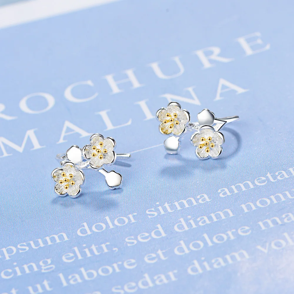 Cold Design 925 Sterling Silver Cherry Blossoms Flower Earrings Women Fine Jewelry oorbellen Boucle d\'oreille S-E792