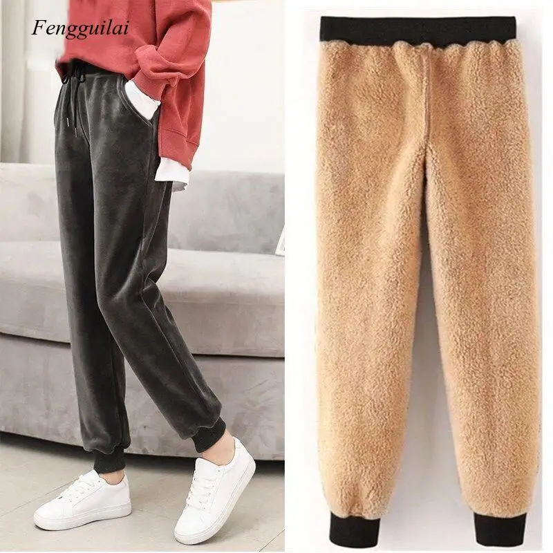 Slim Women Pant Winter Lambskin Cashmere Pants Warm Female Casual Pants Harem Pants Lined Fleece Trousers Autumn Sweatpants